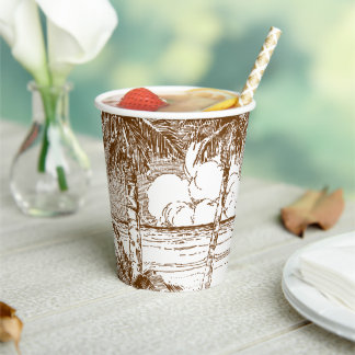Vintage Tropical Beach Etching With Palm Trees Paper Cups
