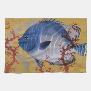 Vintage Tropical Blue Fish Coral Marine Ocean Life Tea Towel