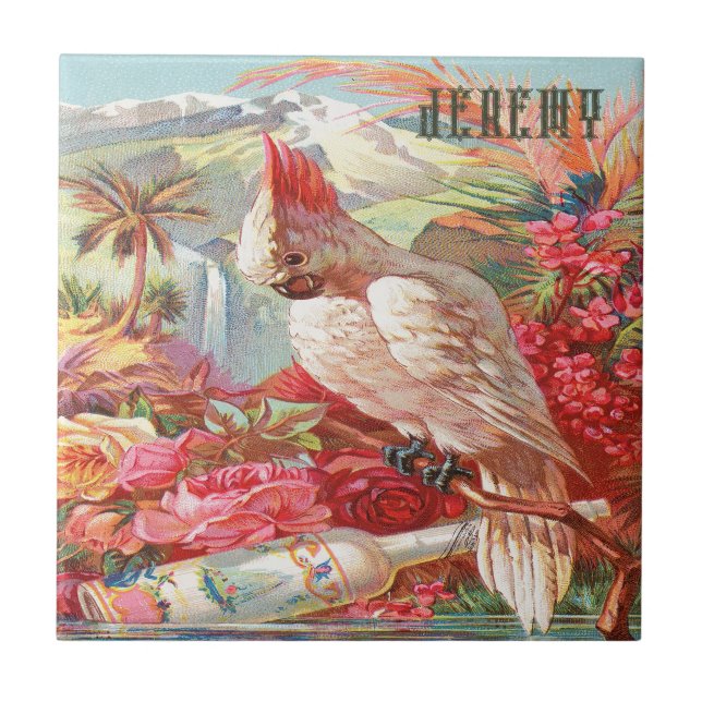 Vintage Tropical Cockatoo Poster Ceramic Tile (Front)