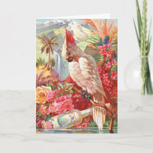 Vintage Tropical Cockatoo & Rose Botanical Art Holiday Card