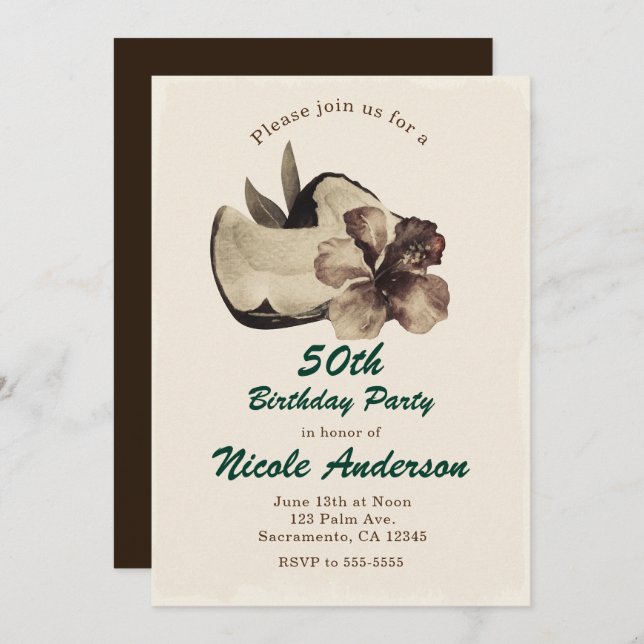 Vintage Tropical Coconut & Hibiscus Invitations (Front/Back)