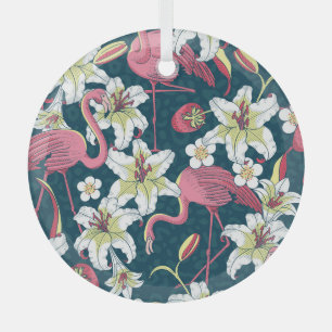Vintage Tropical Flamingoes Lilies Pattern Glass Tree Decoration