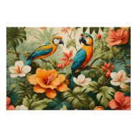 Vintage Tropical Flowers, Plants and Parrots