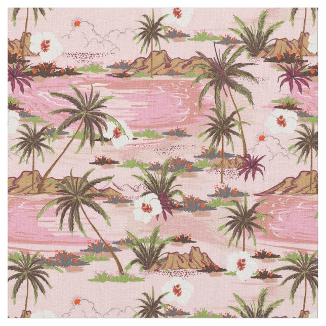 Vintage, Tropical, Hawaiian Inspired Pink Fabric (Close Up)