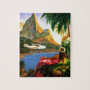 Vintage Tropical Hawaiian Sea Plane Palm Tree Jigsaw Puzzle