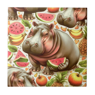 Vintage Tropical Hippopotamus Pattern Ceramic Tile