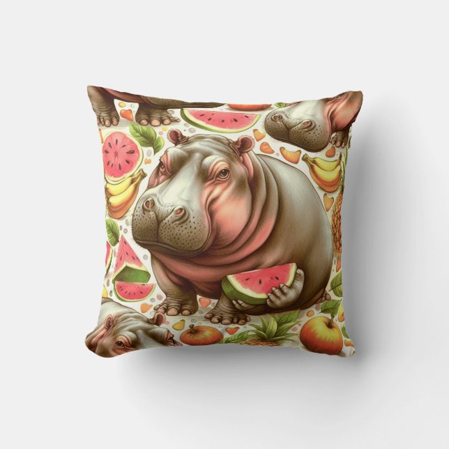 Vintage Tropical Hippopotamus Pattern Cushion (Front)