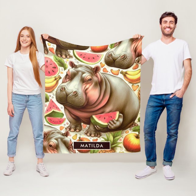 Vintage Tropical Hippopotamus Pattern Fleece Blanket (In Situ)