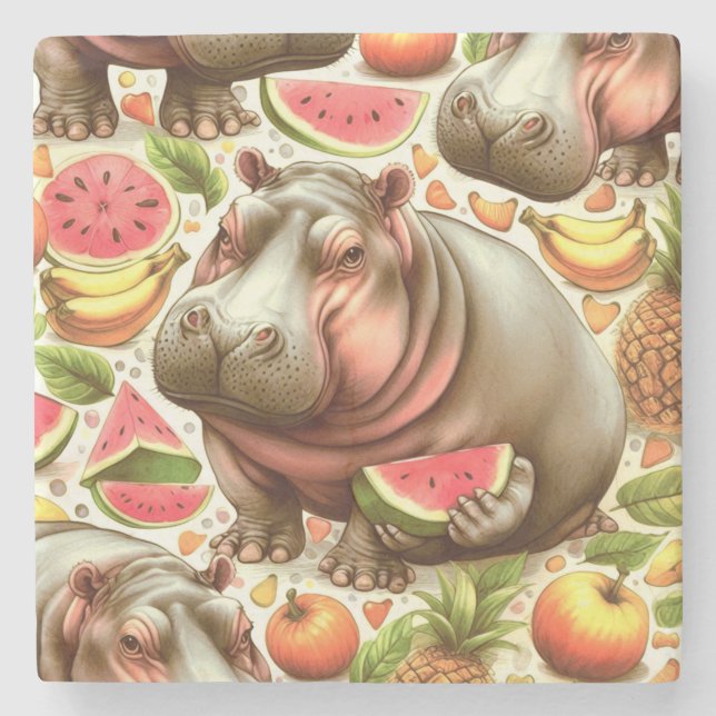 Vintage Tropical Hippopotamus Pattern Stone Coaster (Front)