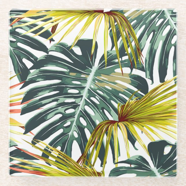 Vintage Tropical Jungle Leaves Pattern Glass Coaster (Front)