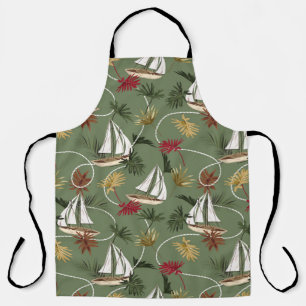 Vintage tropical leaves, boat, and sailor rope sea apron