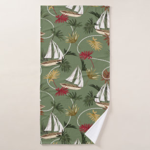 Vintage tropical leaves, boat, and sailor rope sea bath towel