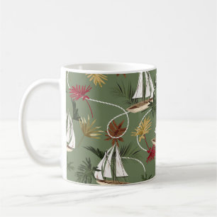 Vintage tropical leaves, boat, and sailor rope sea coffee mug