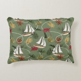 Vintage tropical leaves, boat, and sailor rope sea decorative cushion