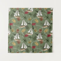 Vintage tropical leaves, boat, and sailor rope sea