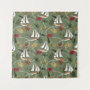 Vintage tropical leaves, boat, and sailor rope sea tapestry