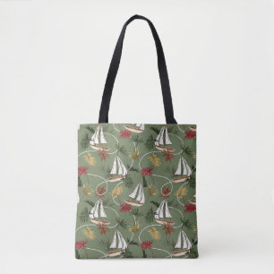 Vintage tropical leaves, boat, and sailor rope sea tote bag
