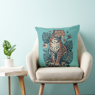Vintage Tropical Leopard & Monstera Leaves Throw Cushion