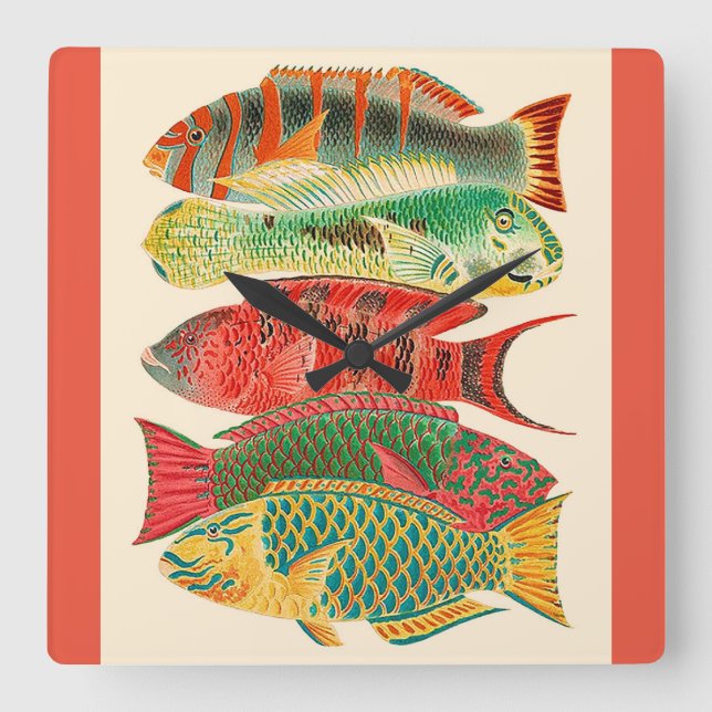 Vintage tropical ocean fish square wall clock (Front)