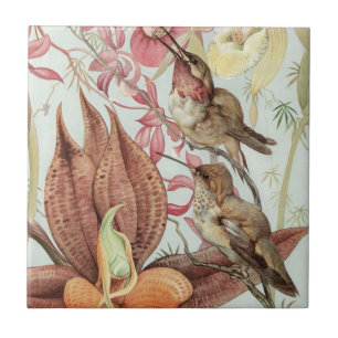 Vintage Tropical Orchids, Flowers and Hummingbirds Ceramic Tile