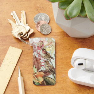Vintage Tropical Orchids, Flowers and Hummingbirds Key Ring