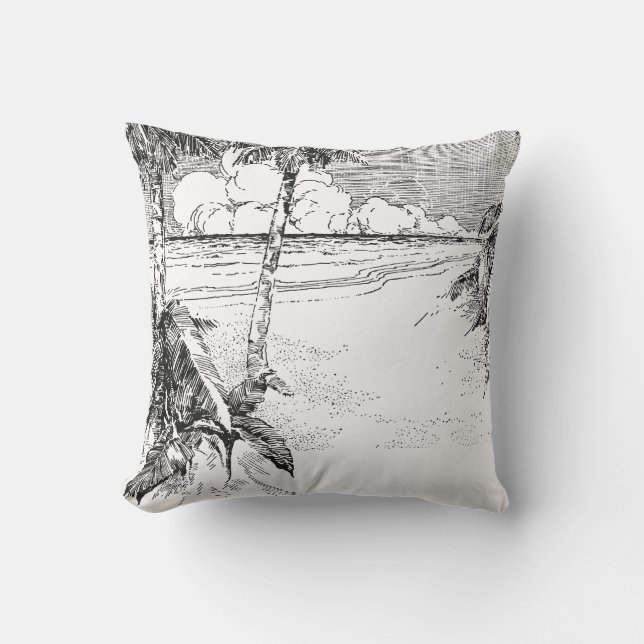 Vintage Tropical Palm Tree Beach Etching Pillow (Front)
