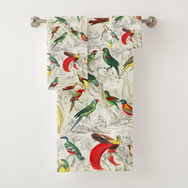 Vintage Tropical Parrots and Birds of Paradise   Bath Towel Set (Insitu)