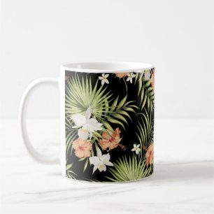 vintage tropical pattern with hibiscus flowers and coffee mug