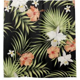 vintage tropical pattern with hibiscus flowers and shower curtain