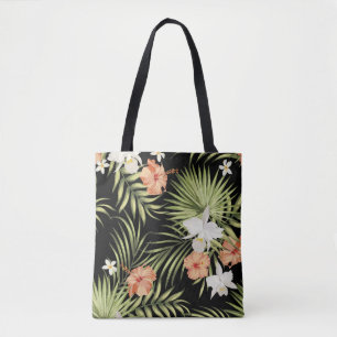 vintage tropical pattern with hibiscus flowers and tote bag