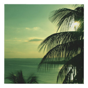 Vintage Tropical Sunset Green Sea & Sky Black Palm Faux Canvas Print