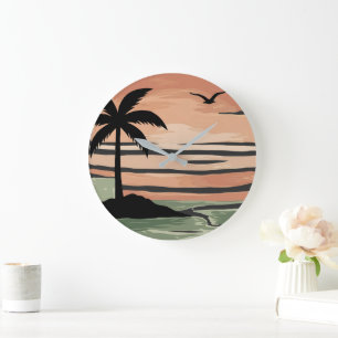 Vintage Tropical Sunset Palm Tree Design Retro B Large Clock