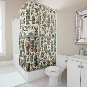 Vintage Tropical Tiki Masks and Birds Grey Green Shower Curtain