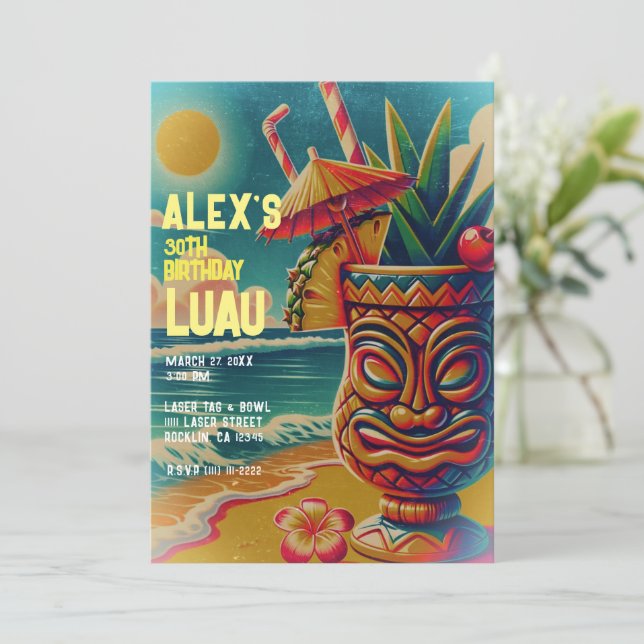Vintage Tropical Tiki Umbrella Drink Luau Party Invitation (Standing Front)