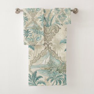 Vintage Tropical Toile Coastal Elegance Design Bath Towel Set