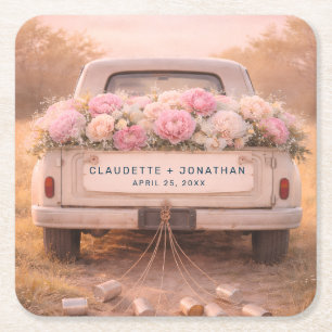 Vintage Truck Blush Floral Custom Name Wedding Square Paper Coaster