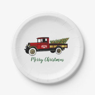 Vintage Truck Christmas Tree Farm Your Text Paper Plate