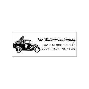 Vintage Truck Christmas Tree Monogram Address Rubber Stamp
