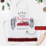 Vintage Truck Merry Christmas Red Buffalo Plaid Apron<br><div class="desc">Gorgeous custom Holiday apron with your own family name or message and exquisite hand painted watercolor winter scenery of forest, old fashion red vintage truck with Christmas trees and the phrase "Merry little Christmas" in red and black calligraphy and block typography. Decorative border on the bottom in Buffalo plaid style...</div>