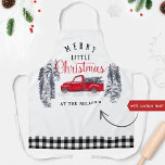 Vintage Truck Merry Little Christmas Buffalo Plaid Apron<br><div class="desc">Gorgeous custom Holiday apron with your own family name or message and exquisite hand painted watercolor winter scenery of forest, red vintage truck with Christmas trees and the phrase "Merry little Christmas" in red and black calligraphy and block typography. Decorative border on the bottom in Buffalo plaid style with white...</div>