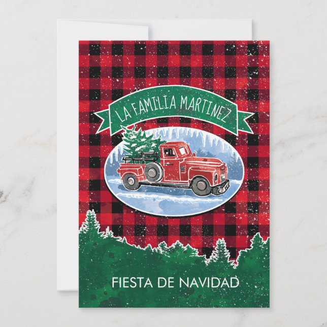 Vintage Truck Plaid Spanish Christmas Party Invitation (Front)