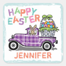 Vintage Truck Purple Gingham Happy Easter Bunny