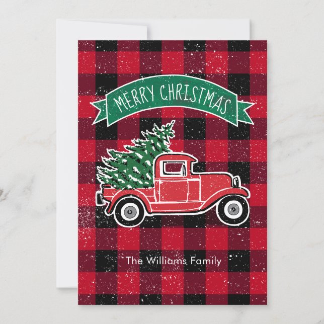 Vintage Truck Red Buffalo Plaid Holiday Back Card (Front)