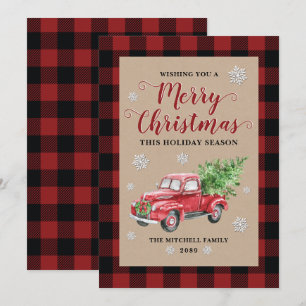 Vintage Truck Red Buffalo Plaid Merry Christmas Holiday Card