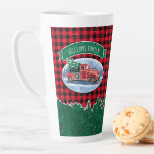Vintage Truck Rustic Buffalo Plaid Monogram Name Latte Mug