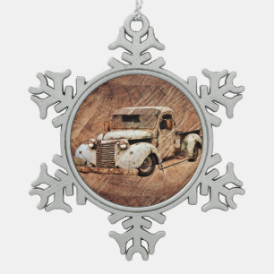 Vintage Truck Rustic Wood Snowflake Pewter Christmas Ornament