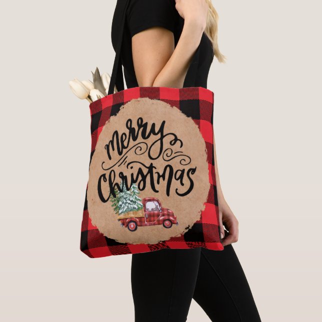 Vintage Truck Script Christmas Buffalo Plaid Tote Bag (Close Up)