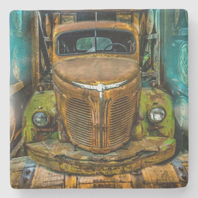Vintage Truck Whiskey Barrels Stone Coaster (Front)