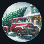 Vintage Truck with Christmas Tree Classic Round Sticker<br><div class="desc">An old-fashioned red vintage truck driving up to a Christmas cottage with a Christmas tree in back. Pretty watercolor style ai art.</div>