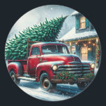 Vintage Truck with Christmas Tree Classic Round Sticker<br><div class="desc">An old-fashioned red vintage truck driving up to a Christmas cottage with a Christmas tree in back. Pretty watercolor style ai art.</div>